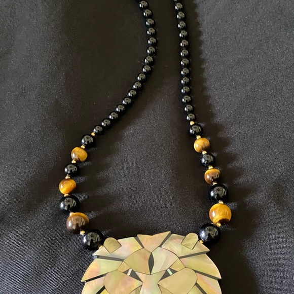 Gorgeous Lee Sands Abalone Black Onyx Tiger Eye Lion Necklace Statement Piece - Picture 3 of 10